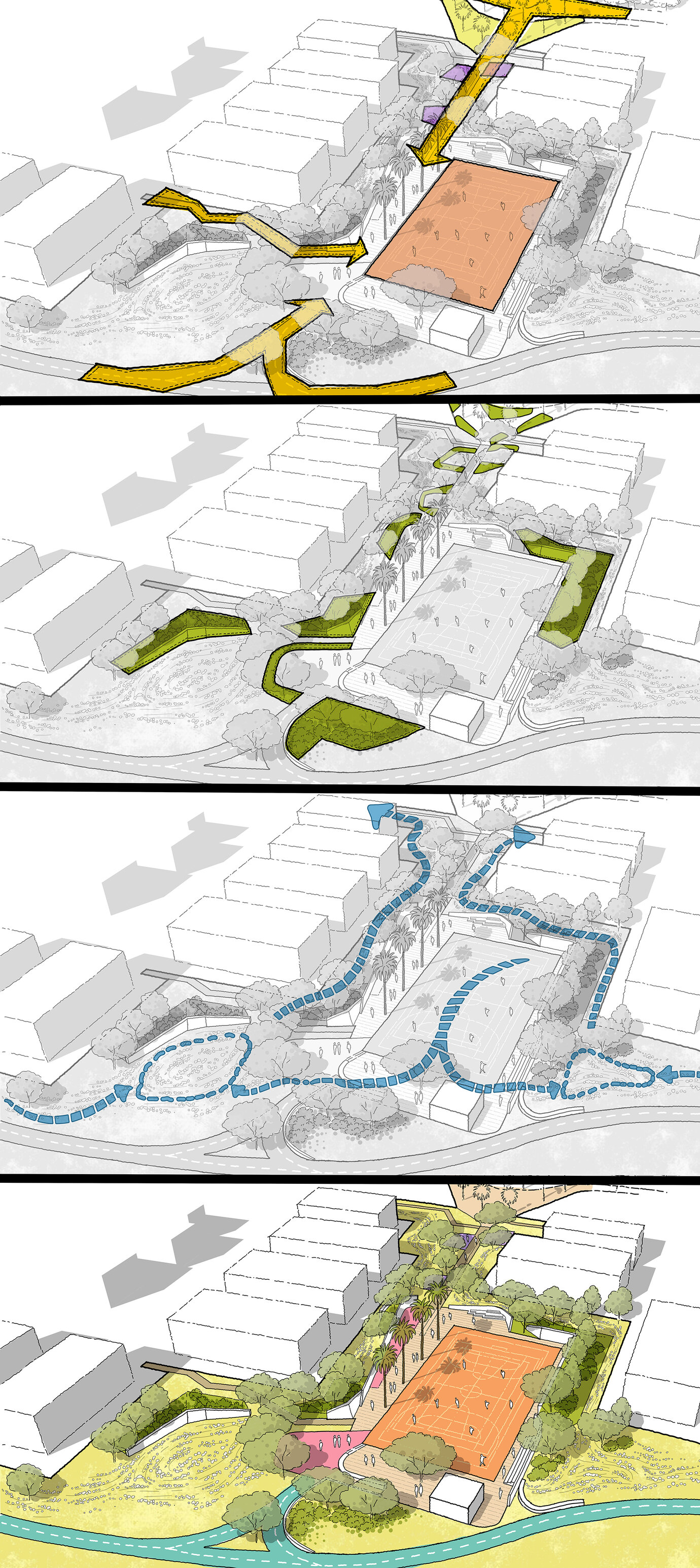 Functional diagrams illustrating the principles behind the design and the usage of a sports park