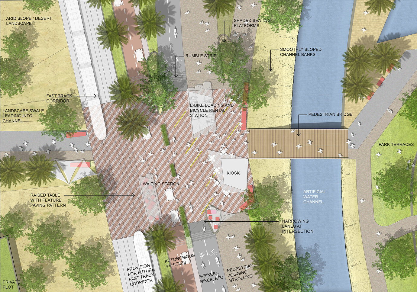 Design detail in the central green axis with tram stop, pedestrian and cycle system and drainage canal.