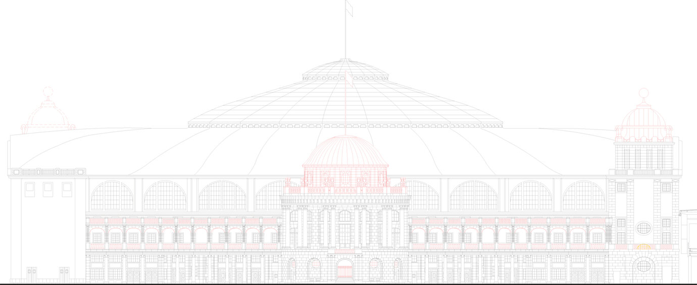 north facade, the reconstruction (red)