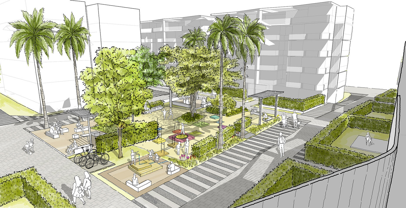 Sketch of neighborhood park with adjacent “living street” in the apartment cluster