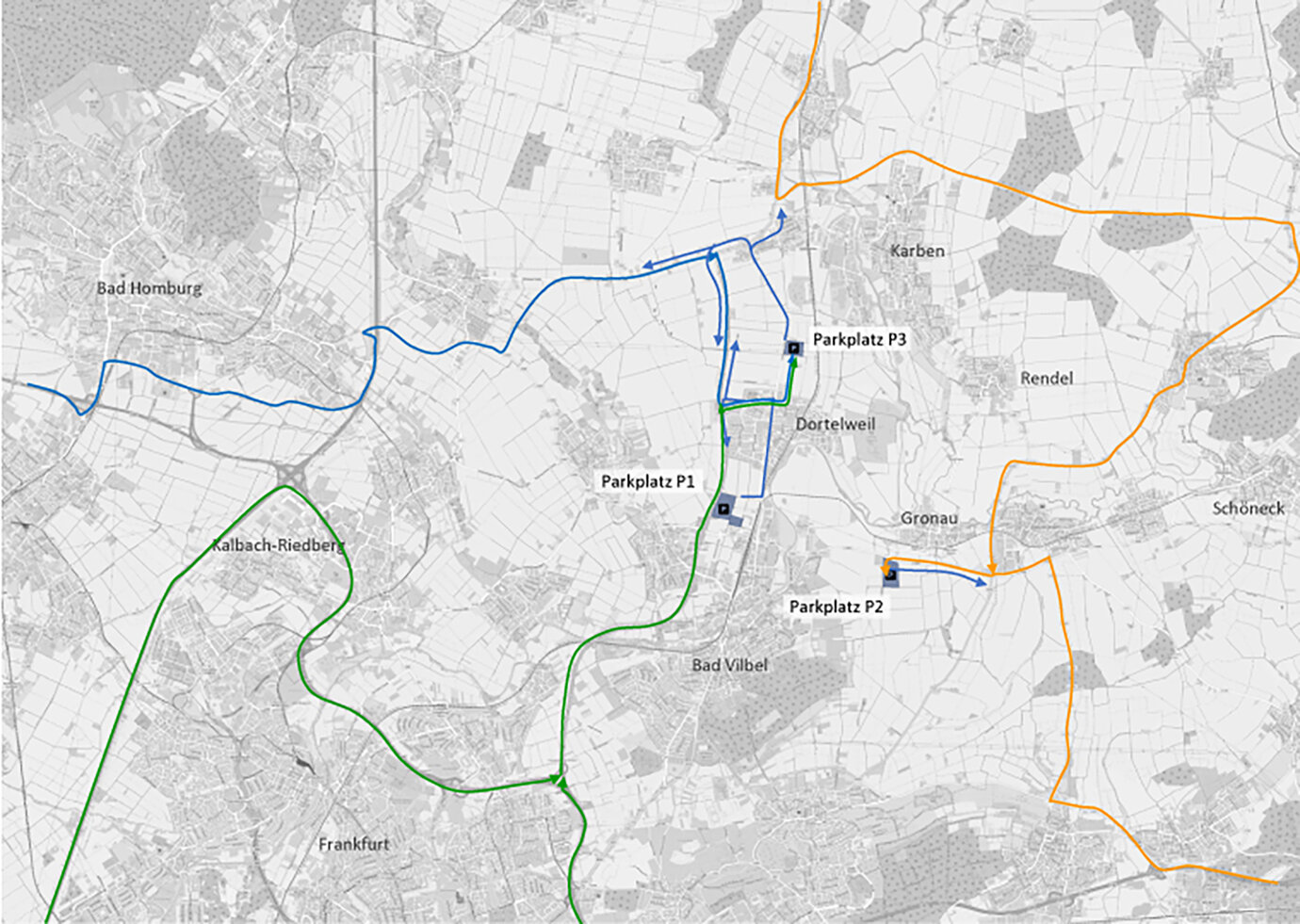 Parking and traffic feeder concept, routing (example)