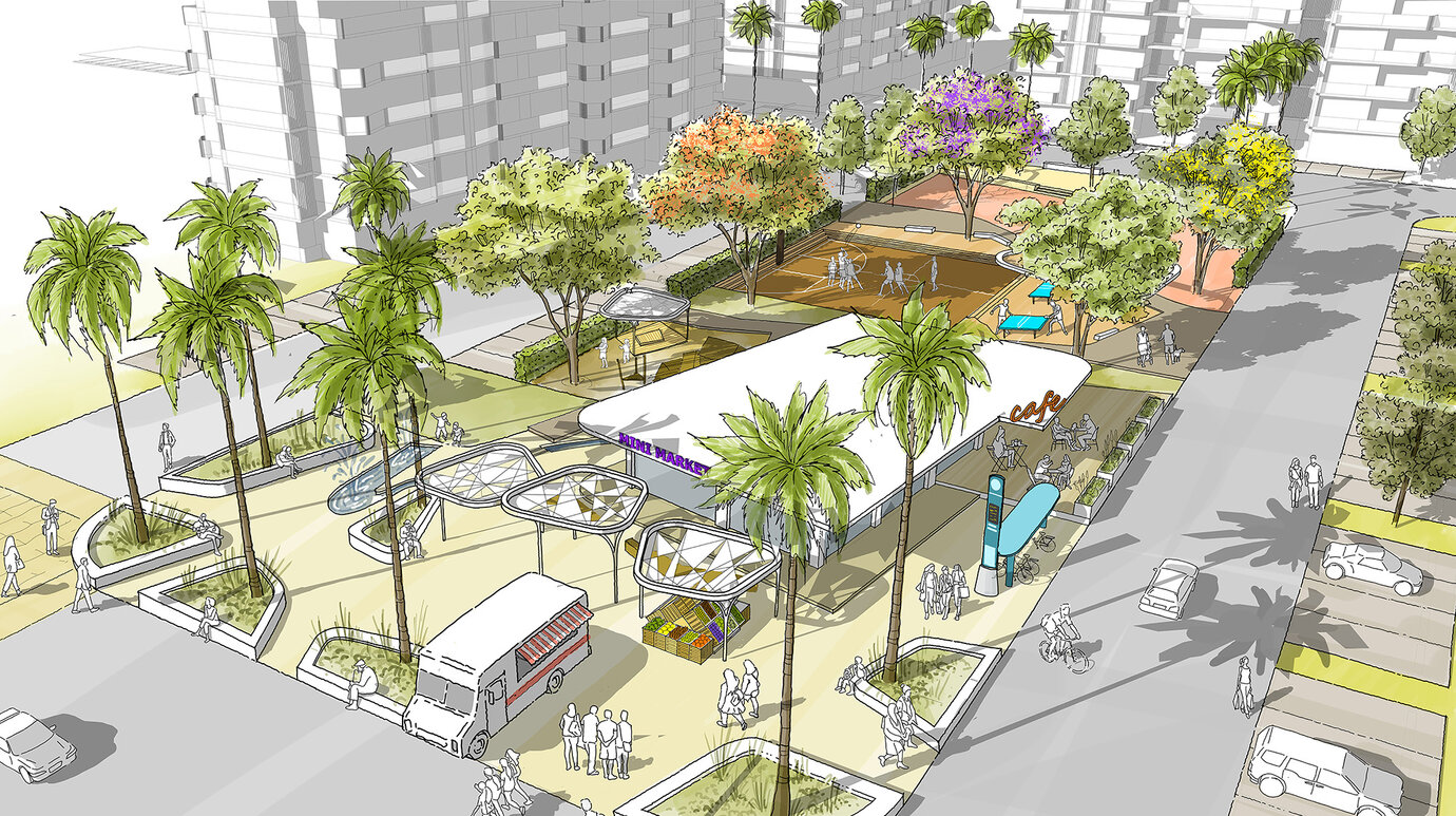 Sketch of a neighborhood park with a kiosk and a café, play and sports areas, plus a multifunctional square for events