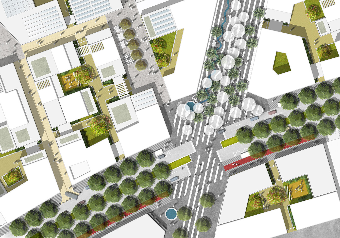 Detail of the “Art Axis” plan, a linking linear free space with an urban feel