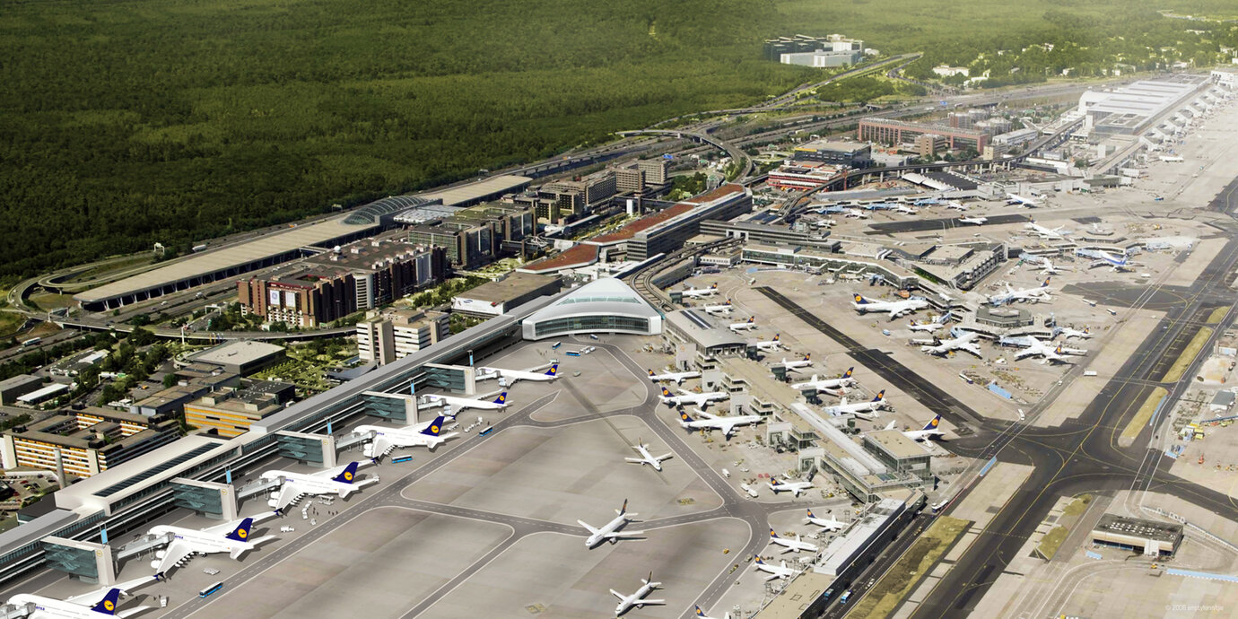 aerial view of Terminal 1 A West showing new jetways for the A380 mega airliner