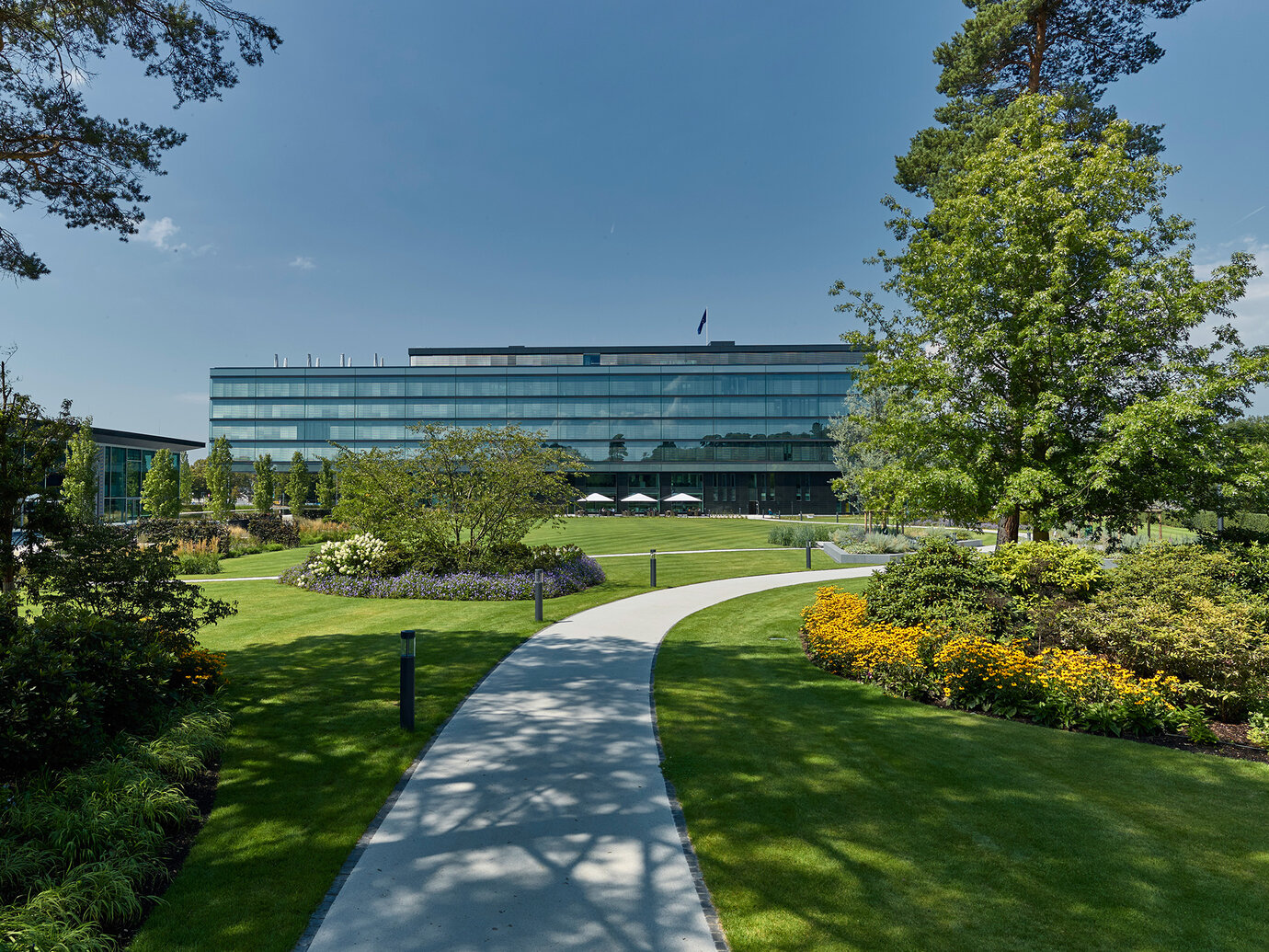 View of the headquarters across the planted reservations