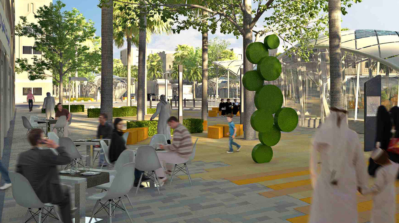 Illustration of a square design in the vicinity of a METRO station in a busy urban context