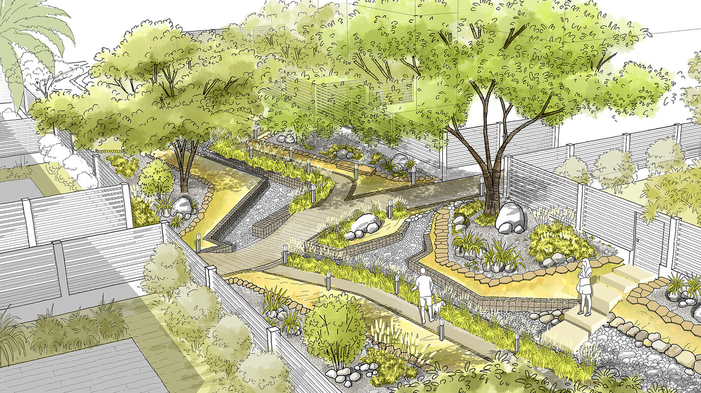Sketch of the back-to-back open spaces that also serve to retain surface water