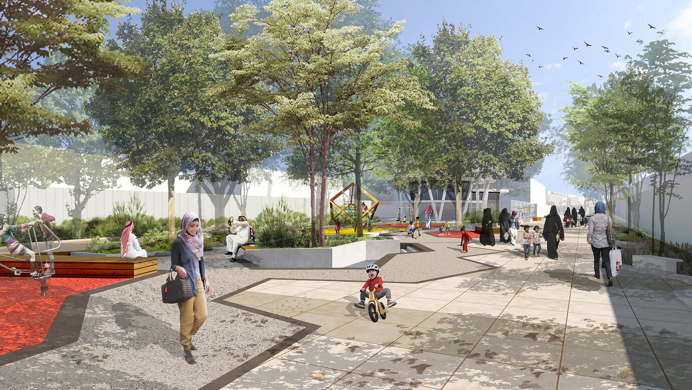 Visualization of a pedestrian spine with playground and kindergarten in the background.