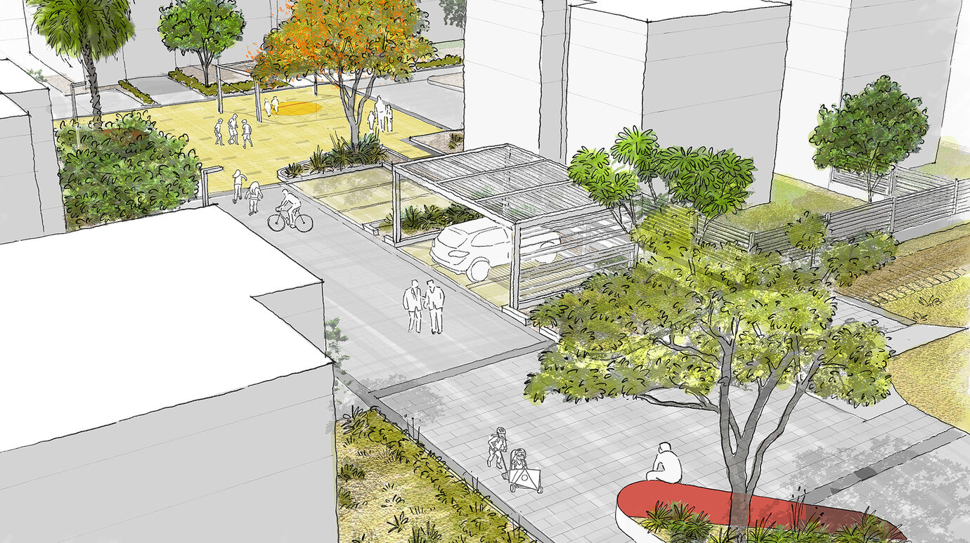 Sketch of a living street – traffic-calmed street for residential purposes and for play