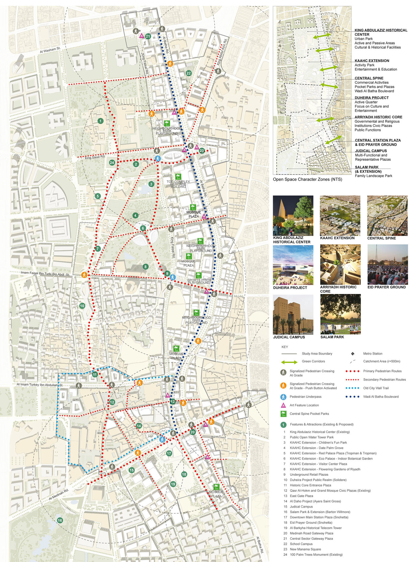Planned open space concept with a view of the proposed pedestrian network and the location of the planned park with special attractions