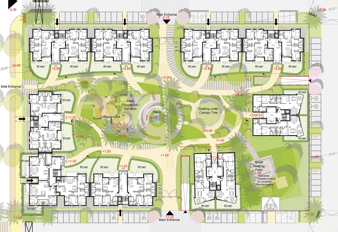 Location plan of apartment cluster with inner courtyard for residents, suitable for a variety of uses and designed on the basis of a specific stylistic language