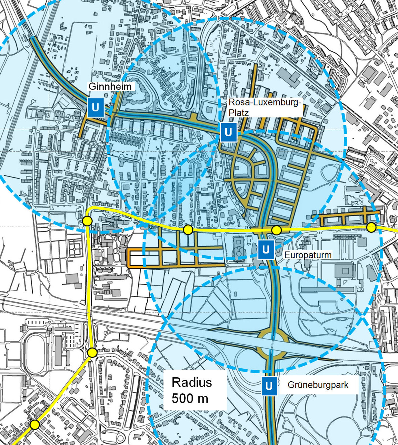 Rosa-Luxemburg-Straße – running at ground level and with integrated underground
