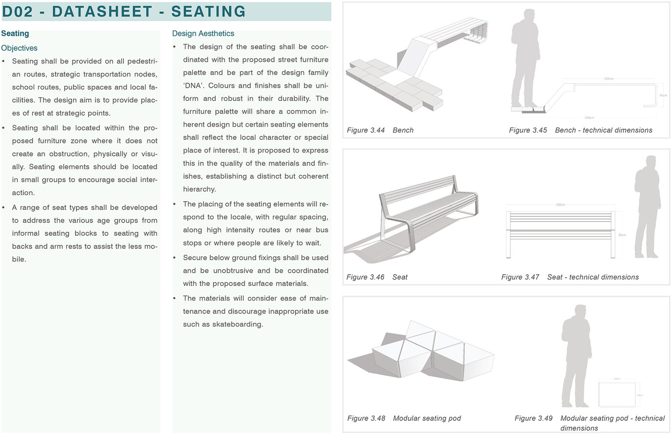 Example of sample data sheets with the design principles for various elements of open space such as urban furniture