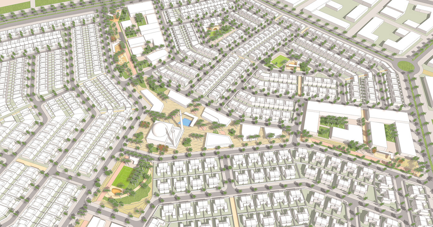 Sketch of neighborhood green corridor with central mosque square, park and integrated cycle and pedestrian network.