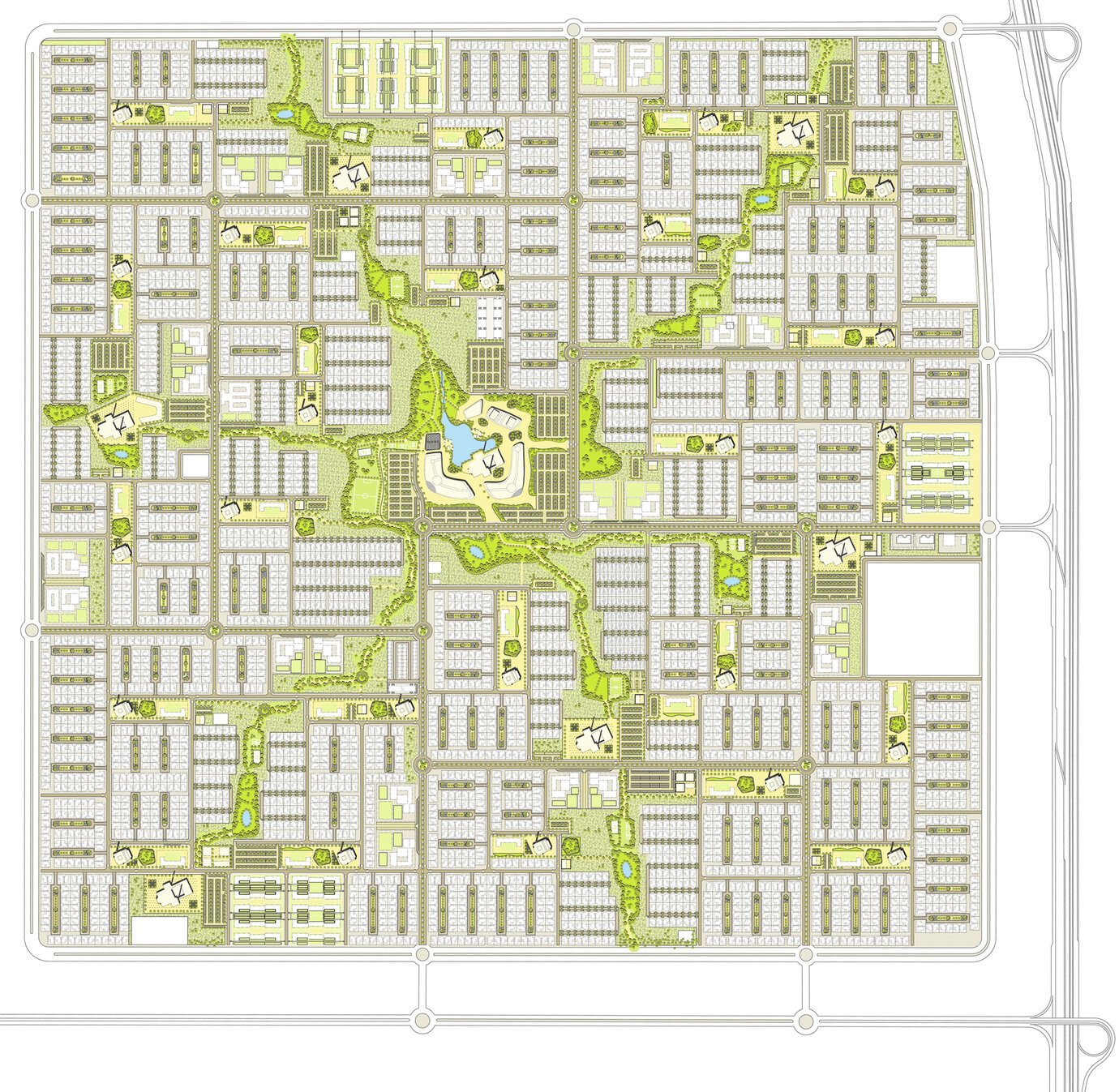 perspective view of district park with intensive and extensive designed areas