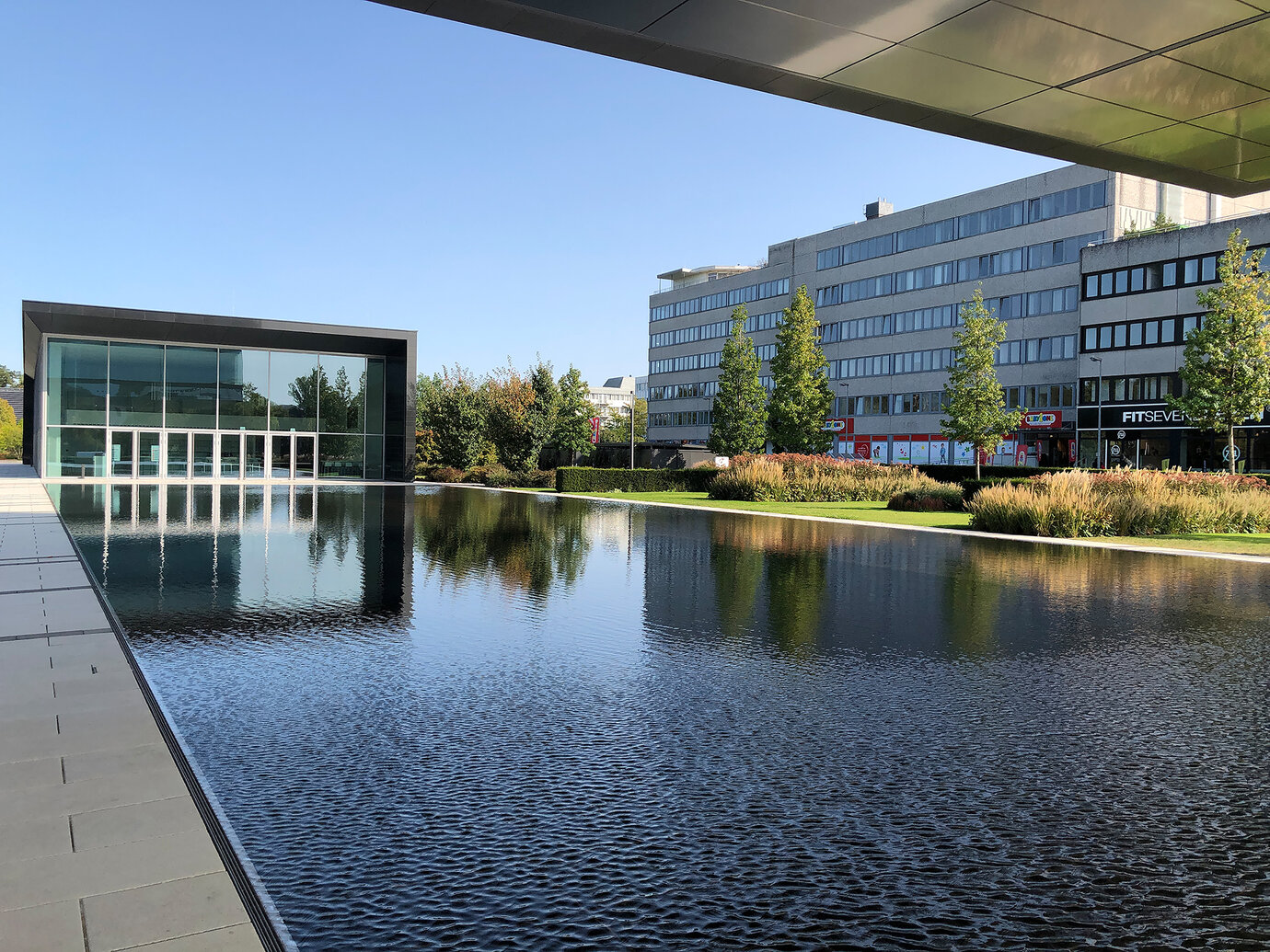 View of the headquarters across the planted reservations