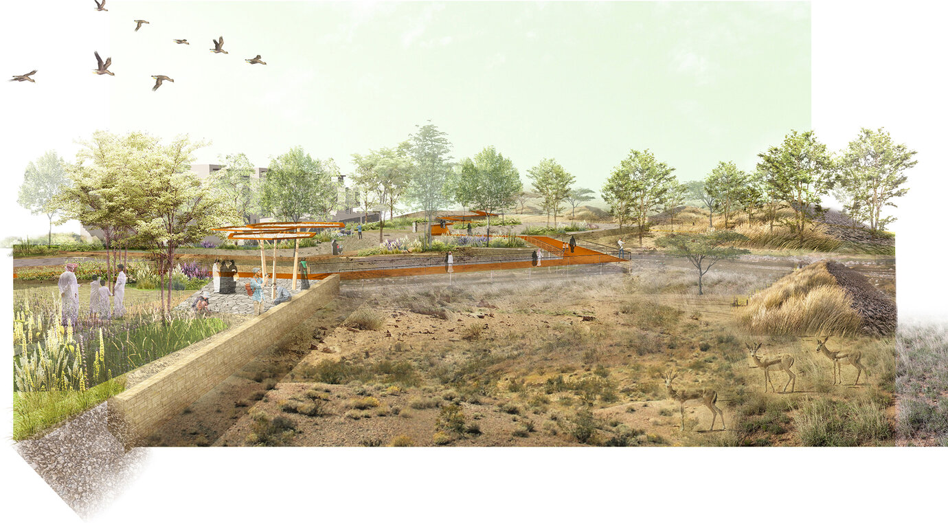 Collage showing Ha-Ha-Edge and extensive landscape design of the Private Residence Buffer