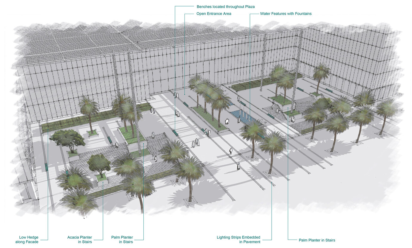 Preliminary sketch of the forecourt. The steps lead up from the connected public parking garage to the main building.