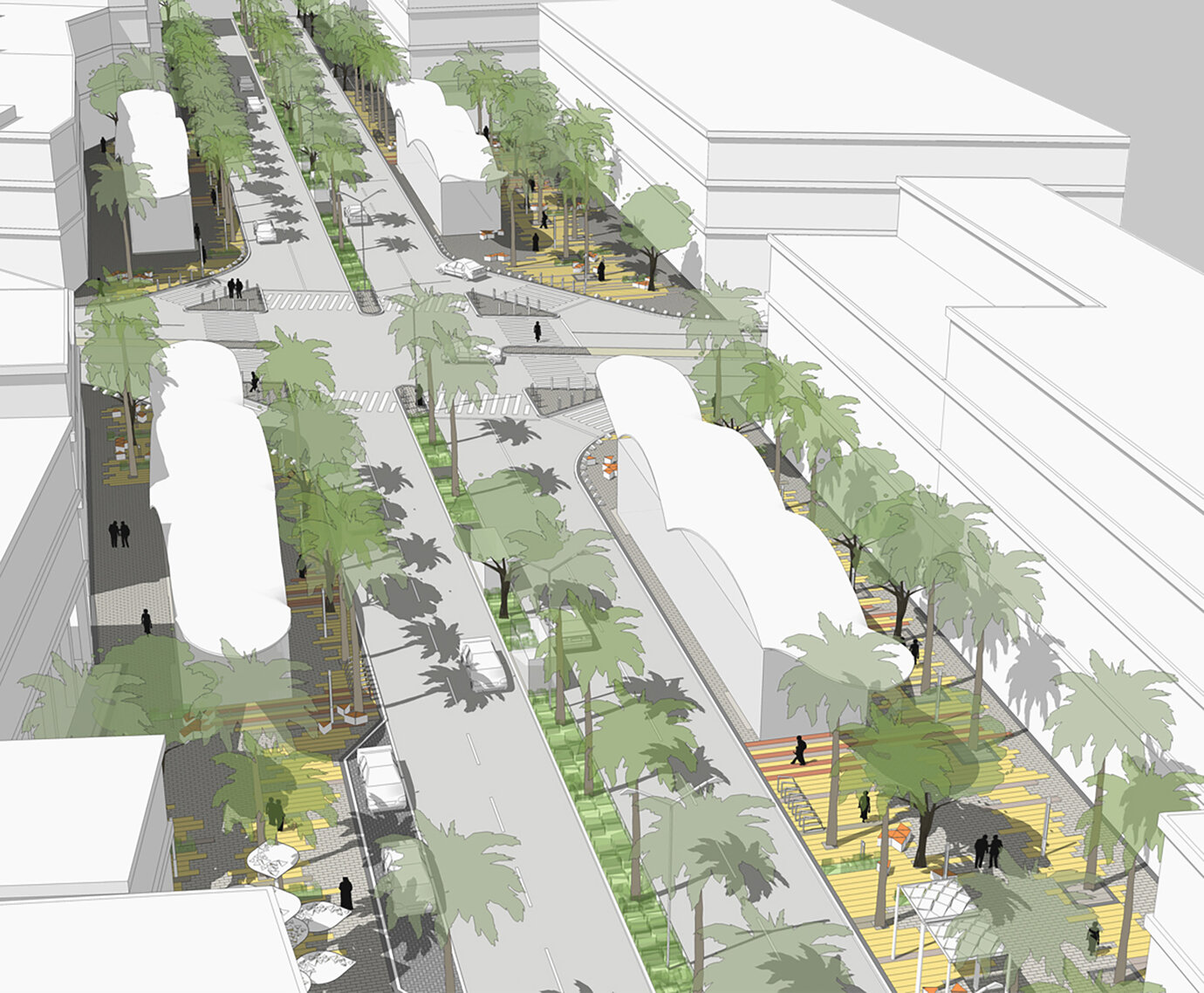 Schematic illustration of the design for open space along the street corridor in the vicinity of the METRO station